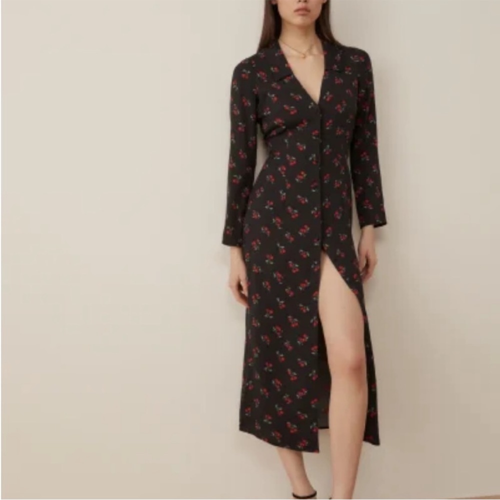 Reformation Black Floral Midi Dress with Red Print cherries